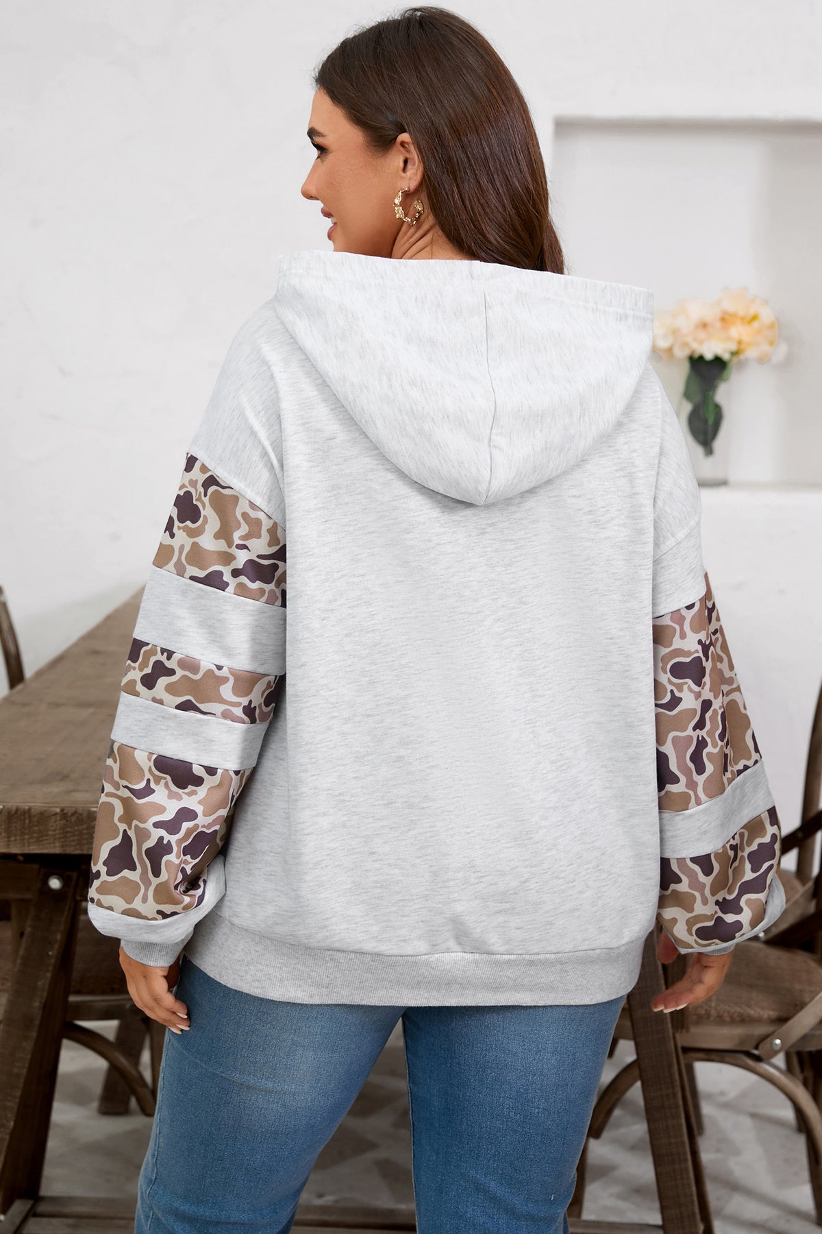 Light Grey Camouflage Patchwork Asymmetric Sleeve Plus Size Hoodie - Plus Size/Plus Size Sweatshirts & Hoodies