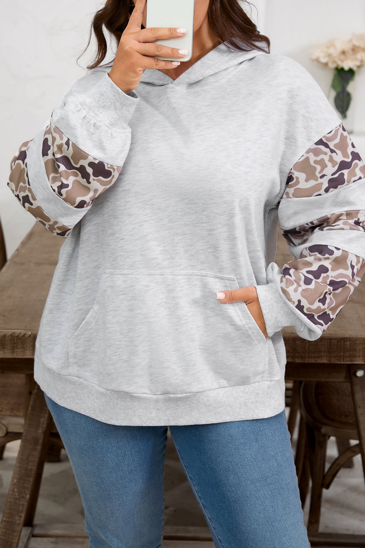 Light Grey Camouflage Patchwork Asymmetric Sleeve Plus Size Hoodie - Plus Size/Plus Size Sweatshirts & Hoodies