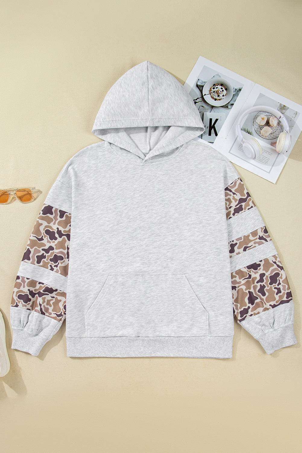 Light Grey Camouflage Patchwork Asymmetric Sleeve Plus Size Hoodie - Plus Size/Plus Size Sweatshirts & Hoodies