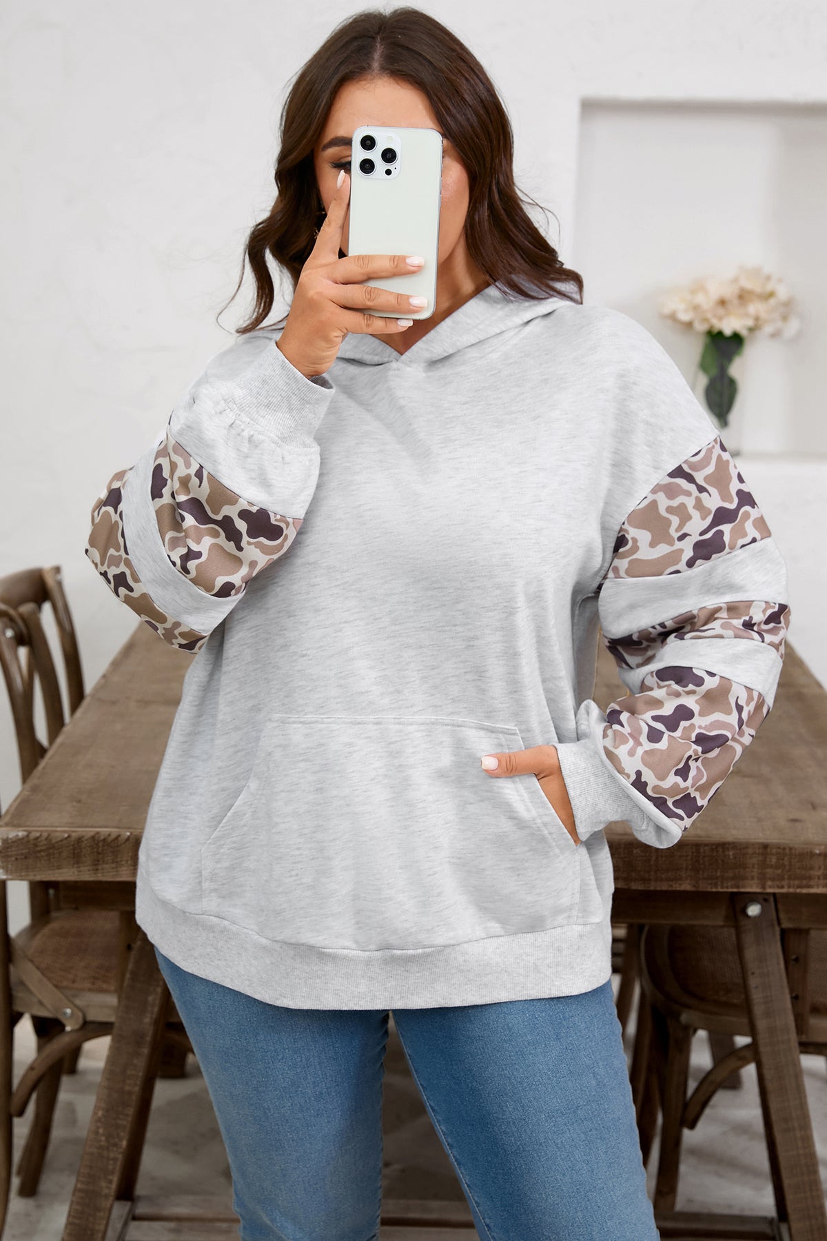 Light Grey Camouflage Patchwork Asymmetric Sleeve Plus Size Hoodie - Plus Size/Plus Size Sweatshirts & Hoodies