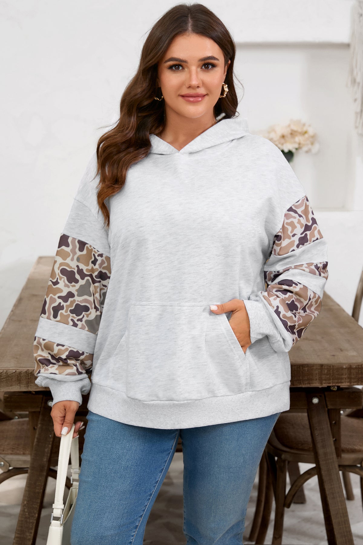 Light Grey Camouflage Patchwork Asymmetric Sleeve Plus Size Hoodie Light Grey 65%Polyester+35%Cotton - Plus Size/Plus Size Sweatshirts & Hoodies