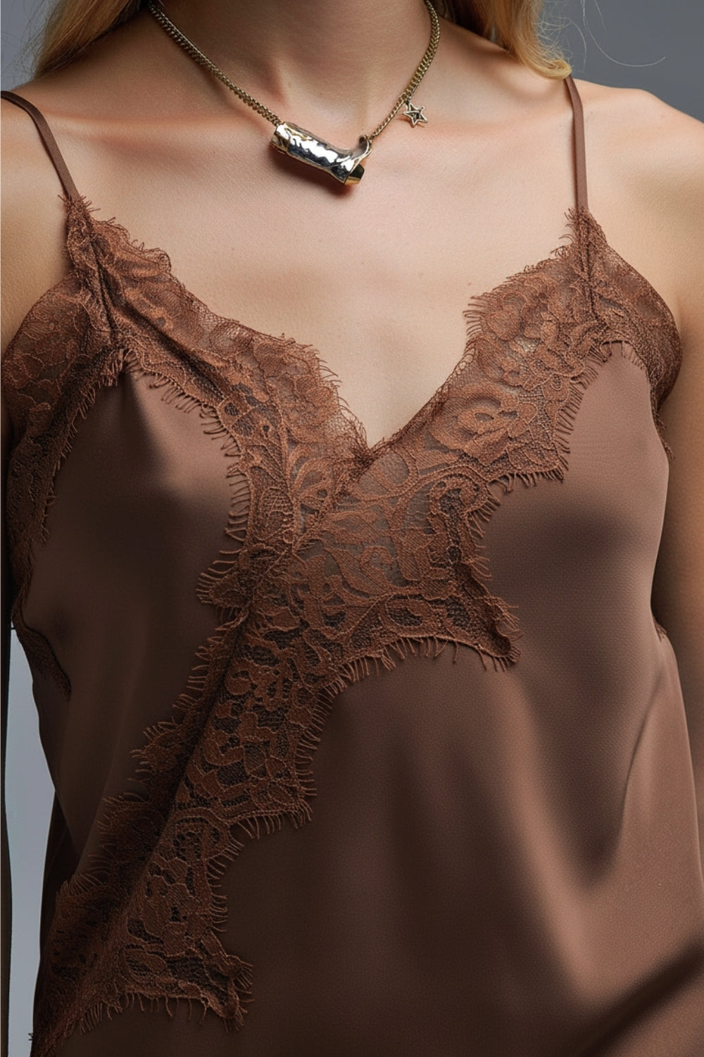 asymmetrical Satin Top in brown with Laced Design - Tops