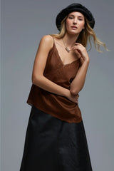 asymmetrical Satin Top in brown with Laced Design