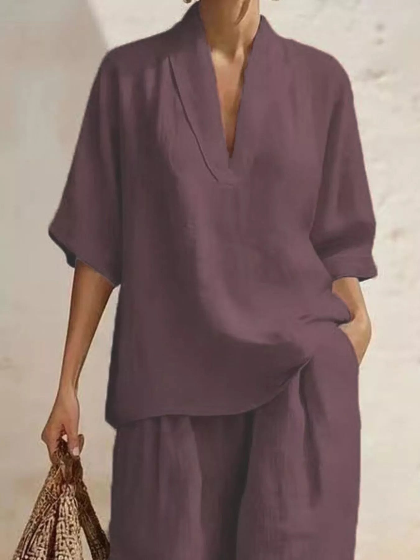 Full Size Half Sleeve Top and Wide Leg Pants Set Plus Size - Outfit Sets