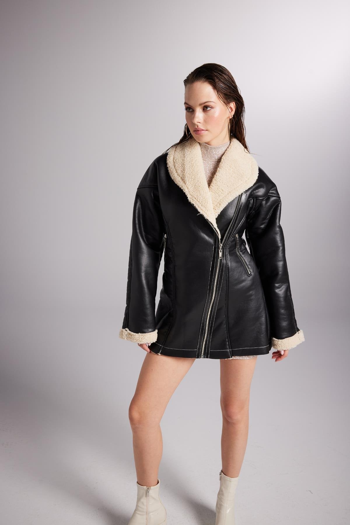 Monero Black Vegan Faux Leather Coat with Fur Lining - Faux Leather Coats