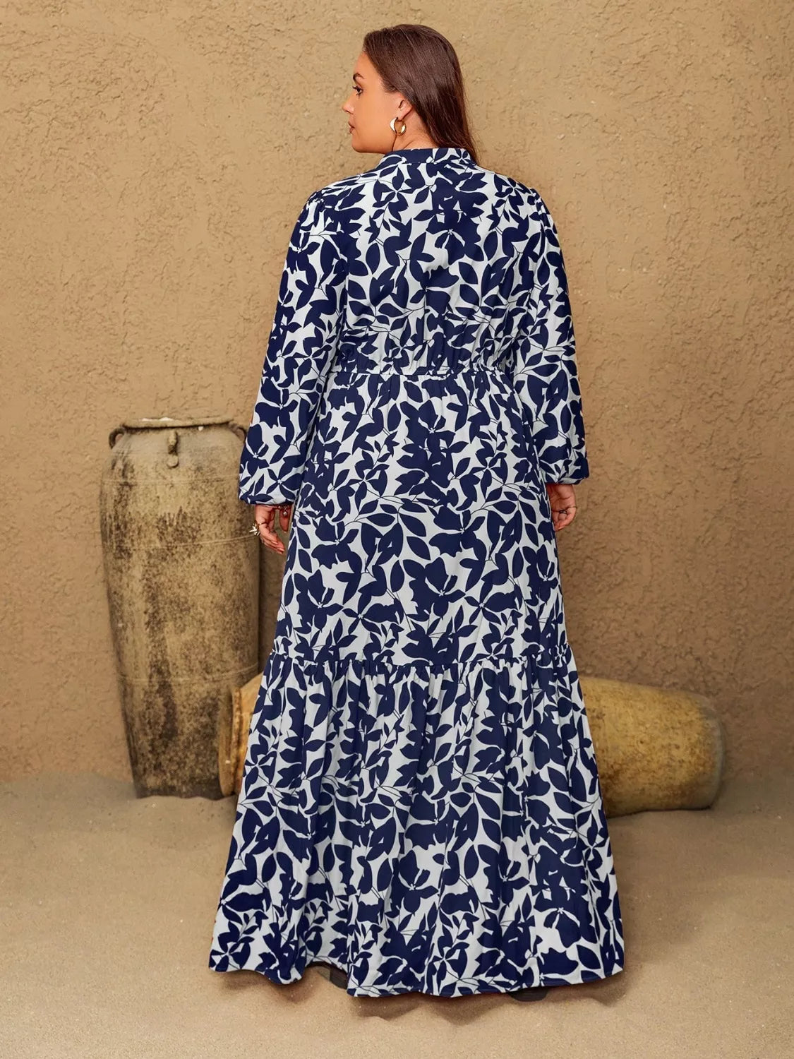 Plus Size Floral Print Notched Long Sleeve Maxi Dress -