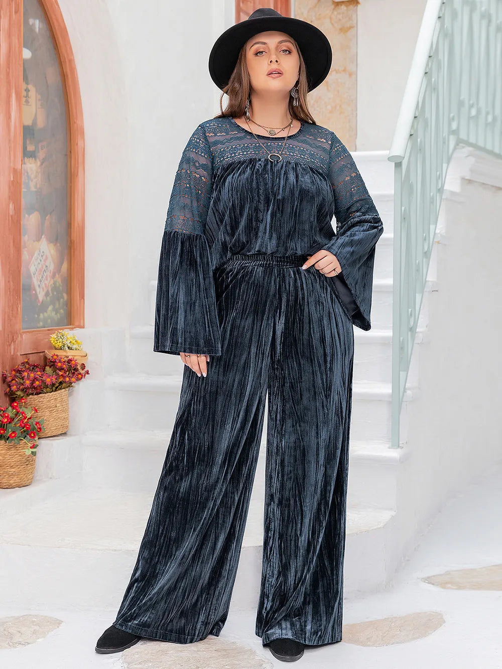Plus Size Round Neck Flare Sleeve Top and Pants Set Peacock Blue -