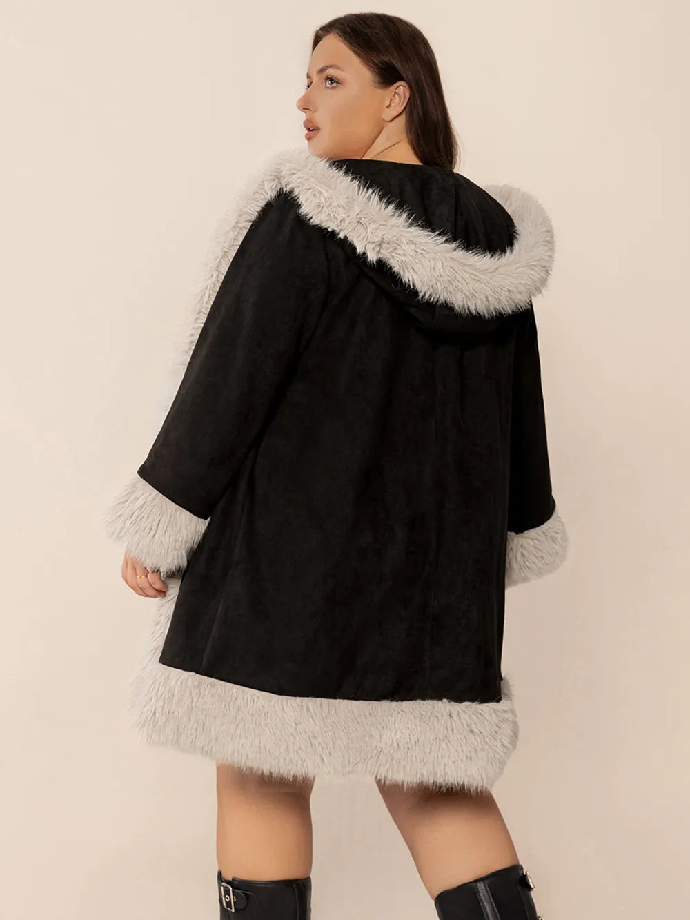 Plus Size Fuzzy Trim Open Front Long Sleeve Hooded Coat -