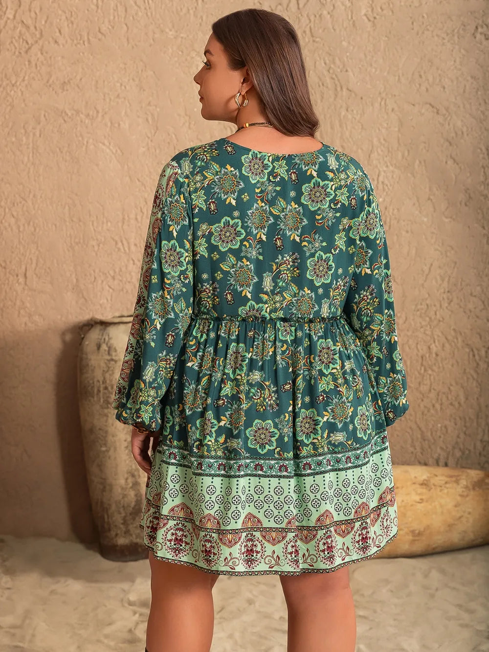 Plus Size V-Neck Balloon Sleeve Printed Mini Dress -