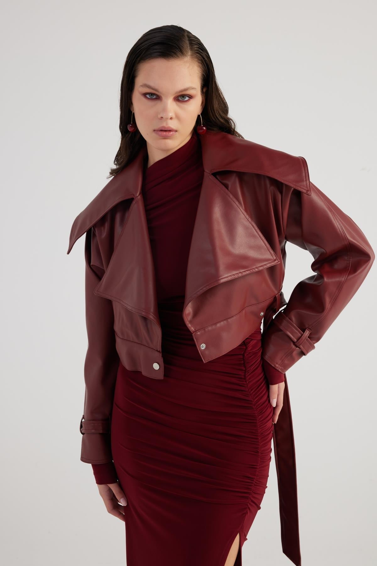 Neeko Burgundy Faux Leather Cropped Jacket Burgundy Faux Leather - Jackets & Blazers