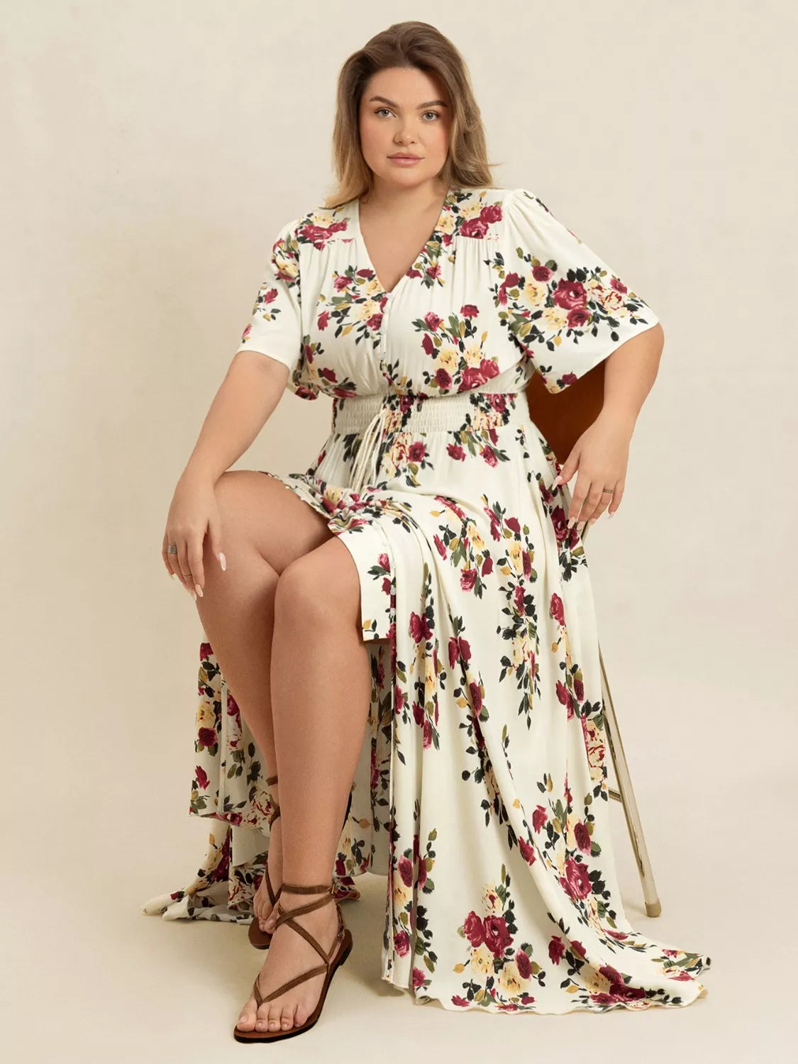 Plus Size Floral Flutter Sleeve Maxi Dress with Button Front -