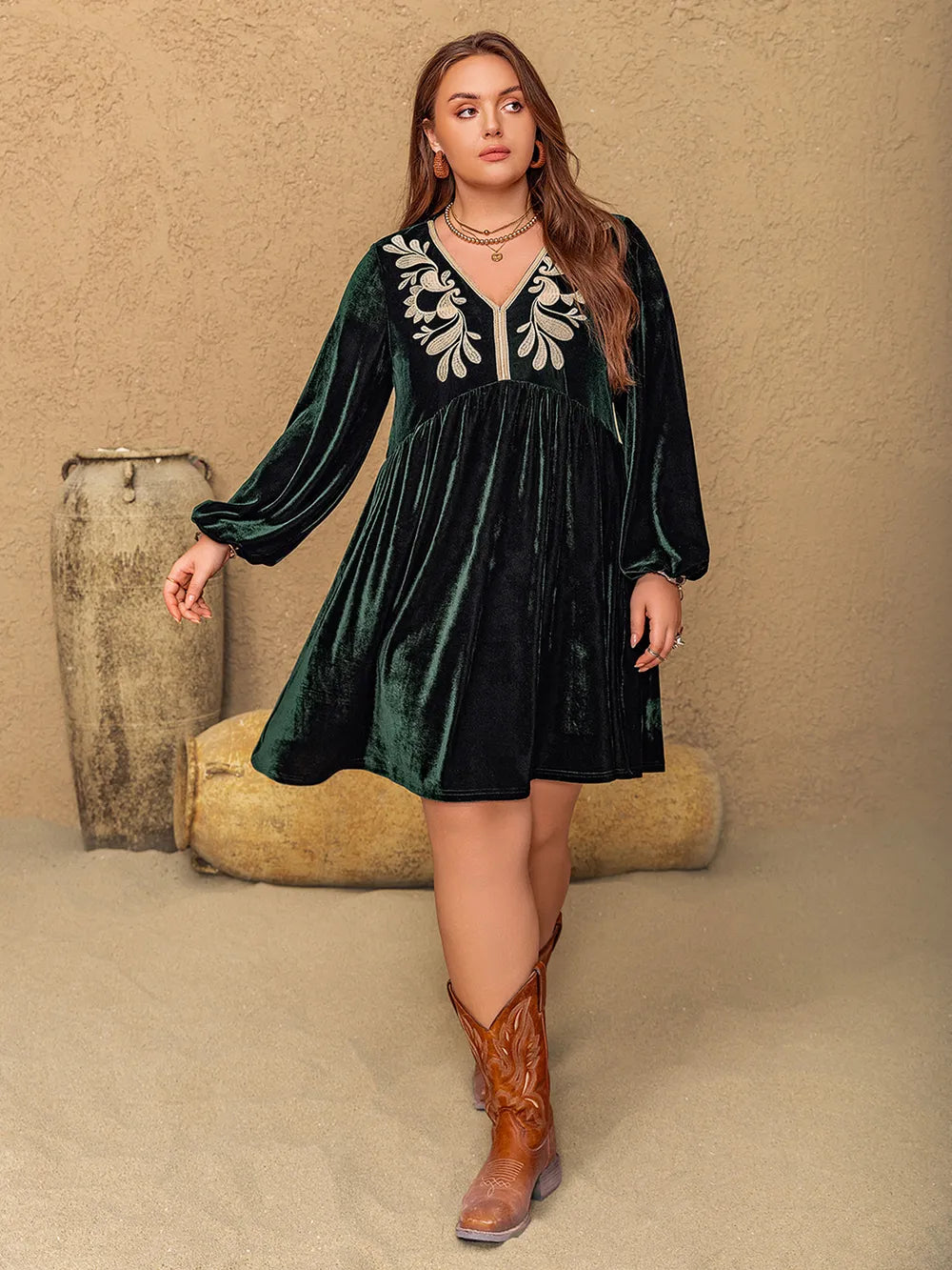 Plus Size Embroidered V-Neck Long Sleeve Dress -