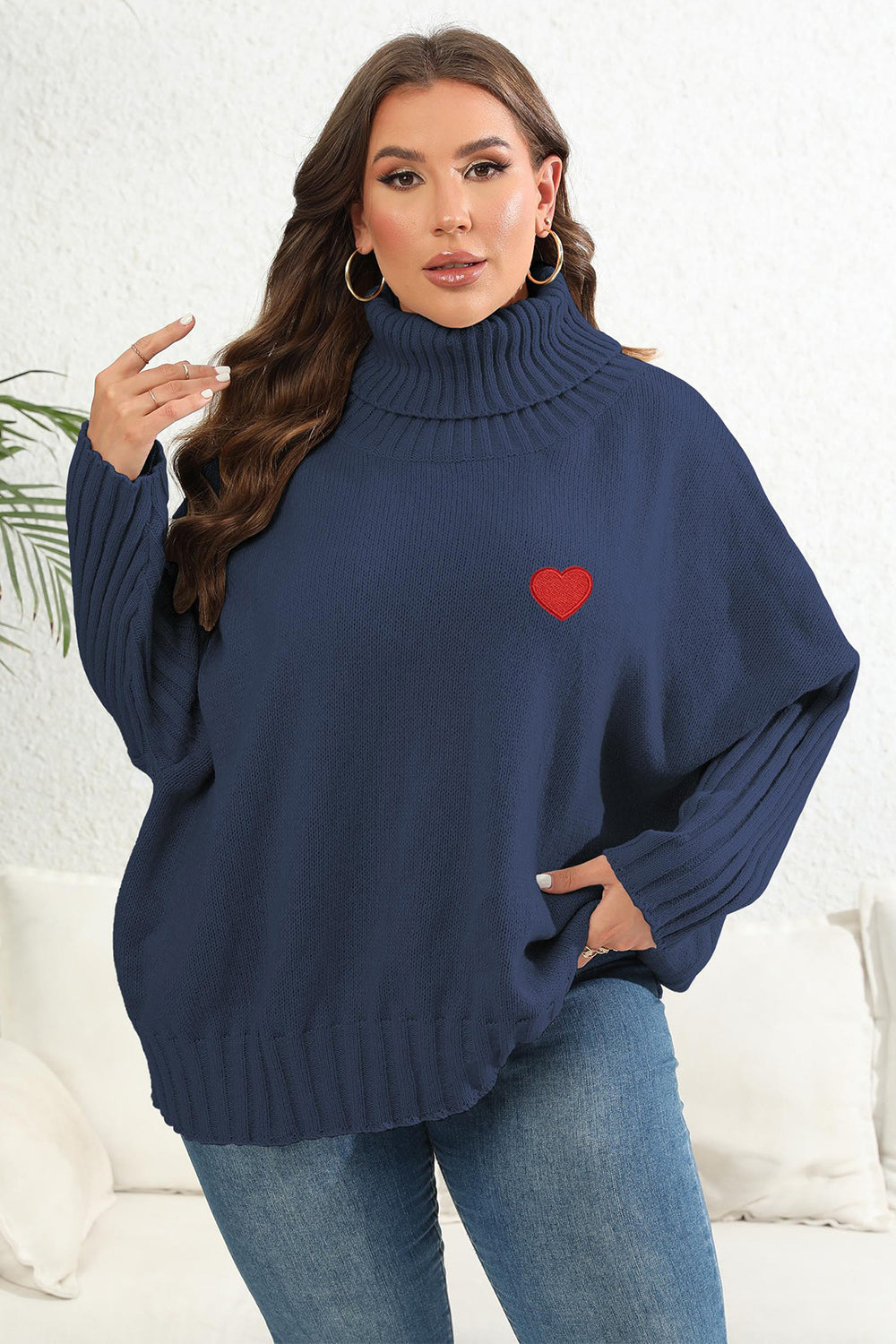 Plus Size Turtle Neck Jumper with Heart Patch Navy - Sweaters