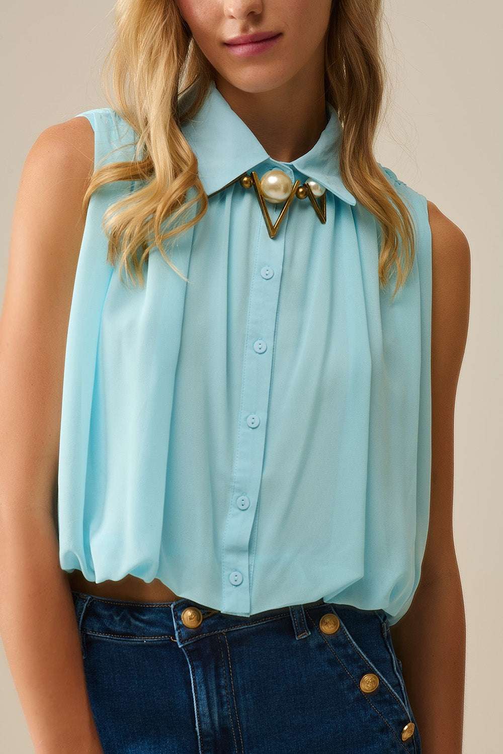 baby blue chiffon blouse with pleats at the hem - Blouses