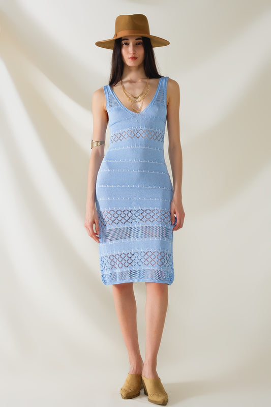 Baby Blue Midi Sleeveless Dress With V-neck and Crochet Design - Dresses