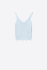 Baby Blue ribbed knit top with V-neck and spaghetti straps