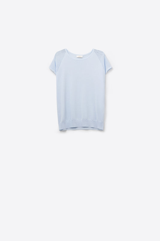 baby Blue Short Sleeve Sweater with knitted mesh on the shoulder - Jumpers
