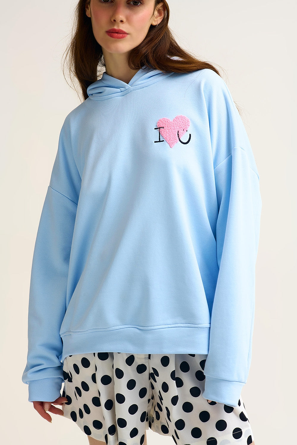 Baby Blue Super-Soft Hoodie with Bouclé Heart Graphic - Sweaters