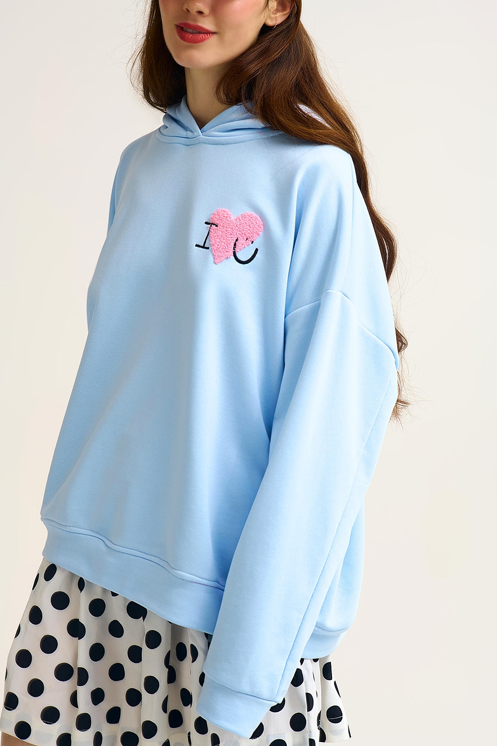 Baby Blue Super-Soft Hoodie with Bouclé Heart Graphic - Sweaters