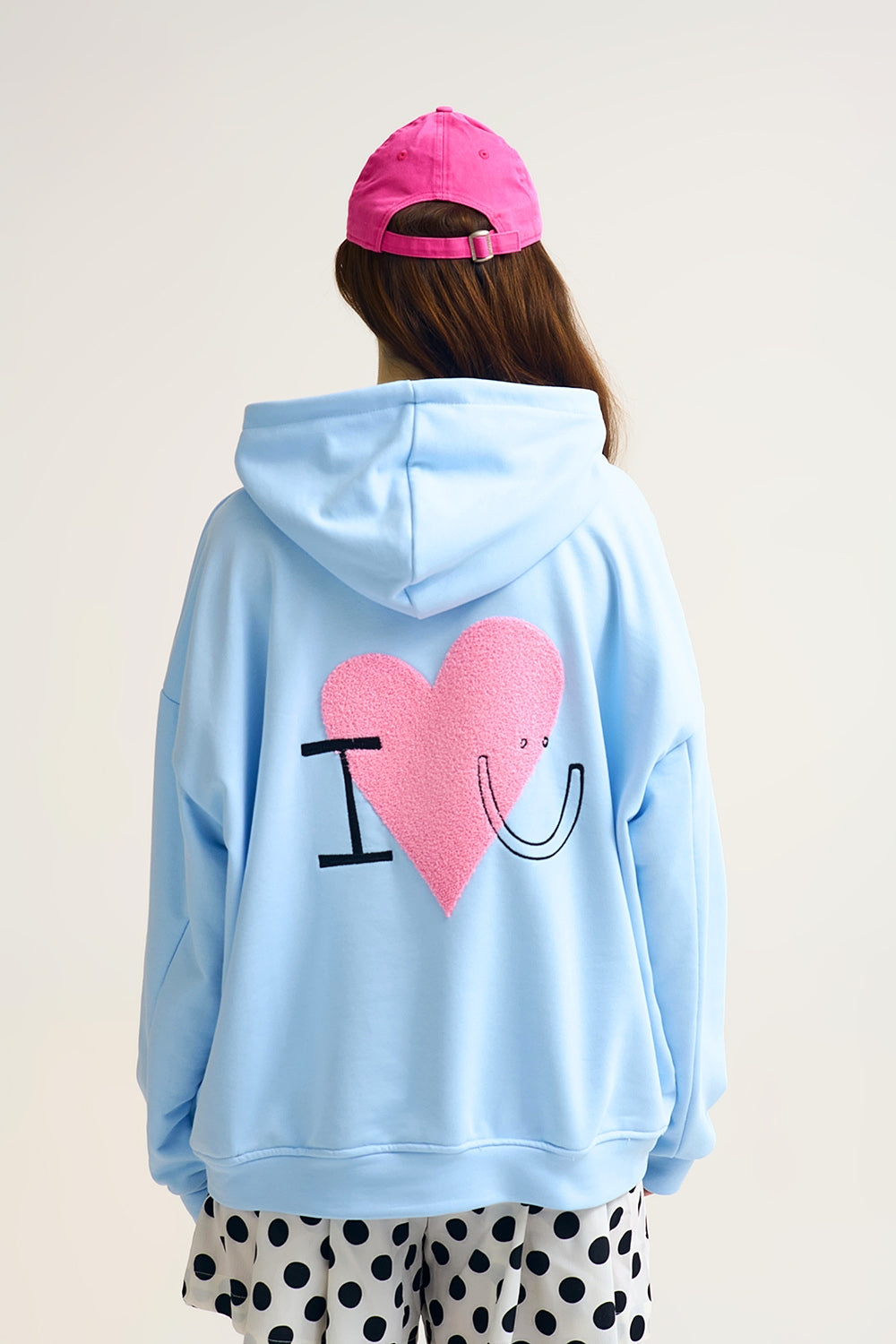 Baby Blue Super-Soft Hoodie with Bouclé Heart Graphic - Sweaters
