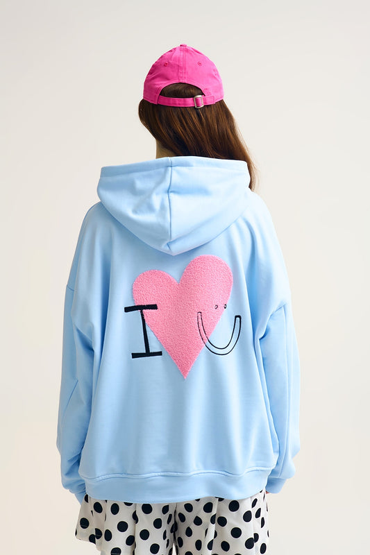 Baby Blue Super-Soft Hoodie with Bouclé Heart Graphic - Sweaters