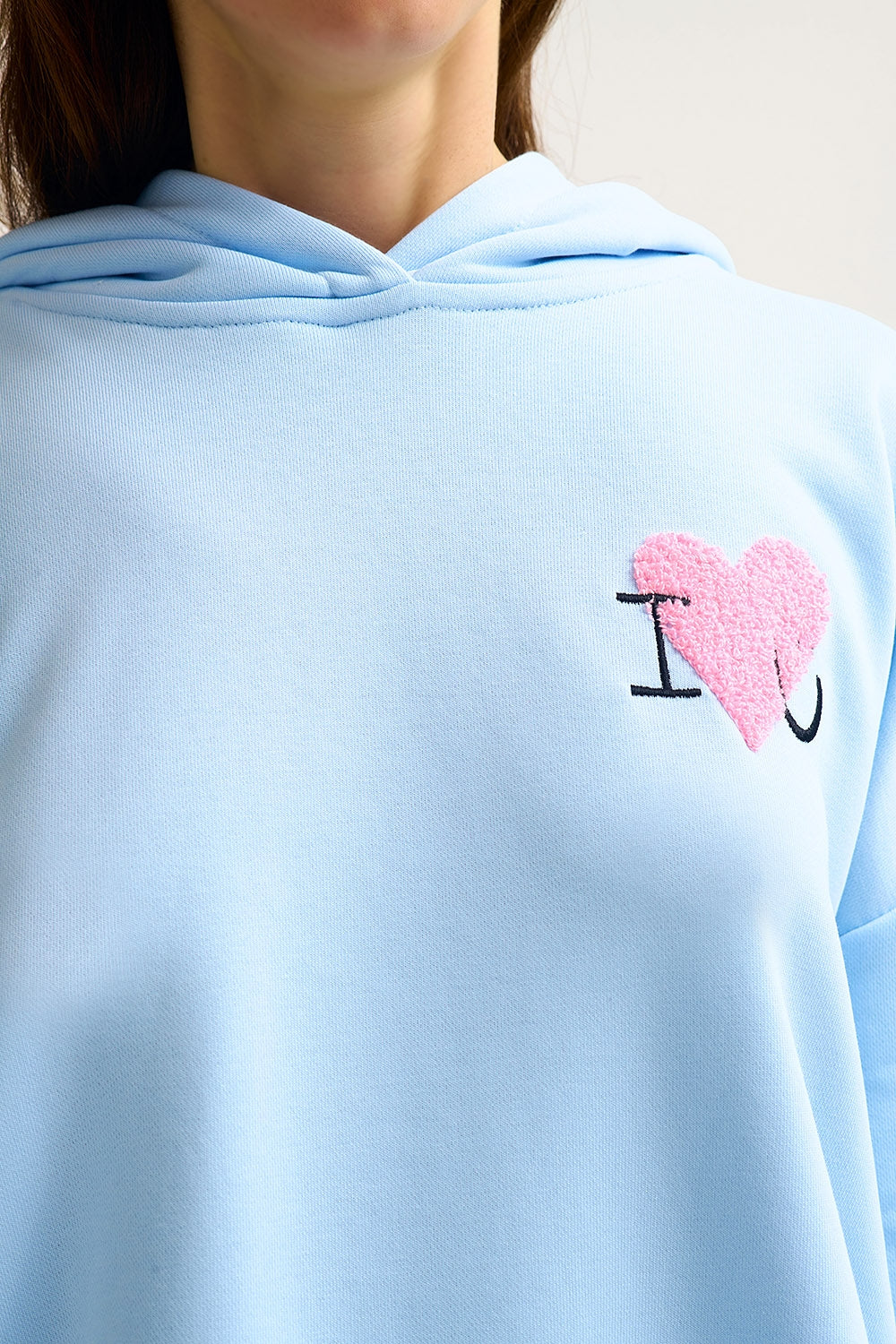 Baby Blue Super-Soft Hoodie with Bouclé Heart Graphic - Sweaters