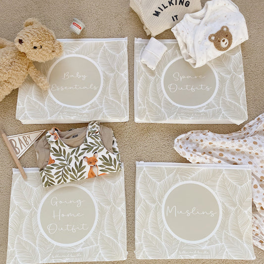Hospital Bag Organiser Pouches - Unisex Beige Leaf Print - Baby & Toddler