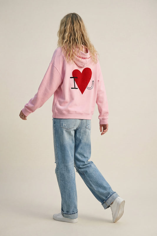 Baby pink Super-Soft Hoodie with Bouclé Heart Graphic - Sweaters