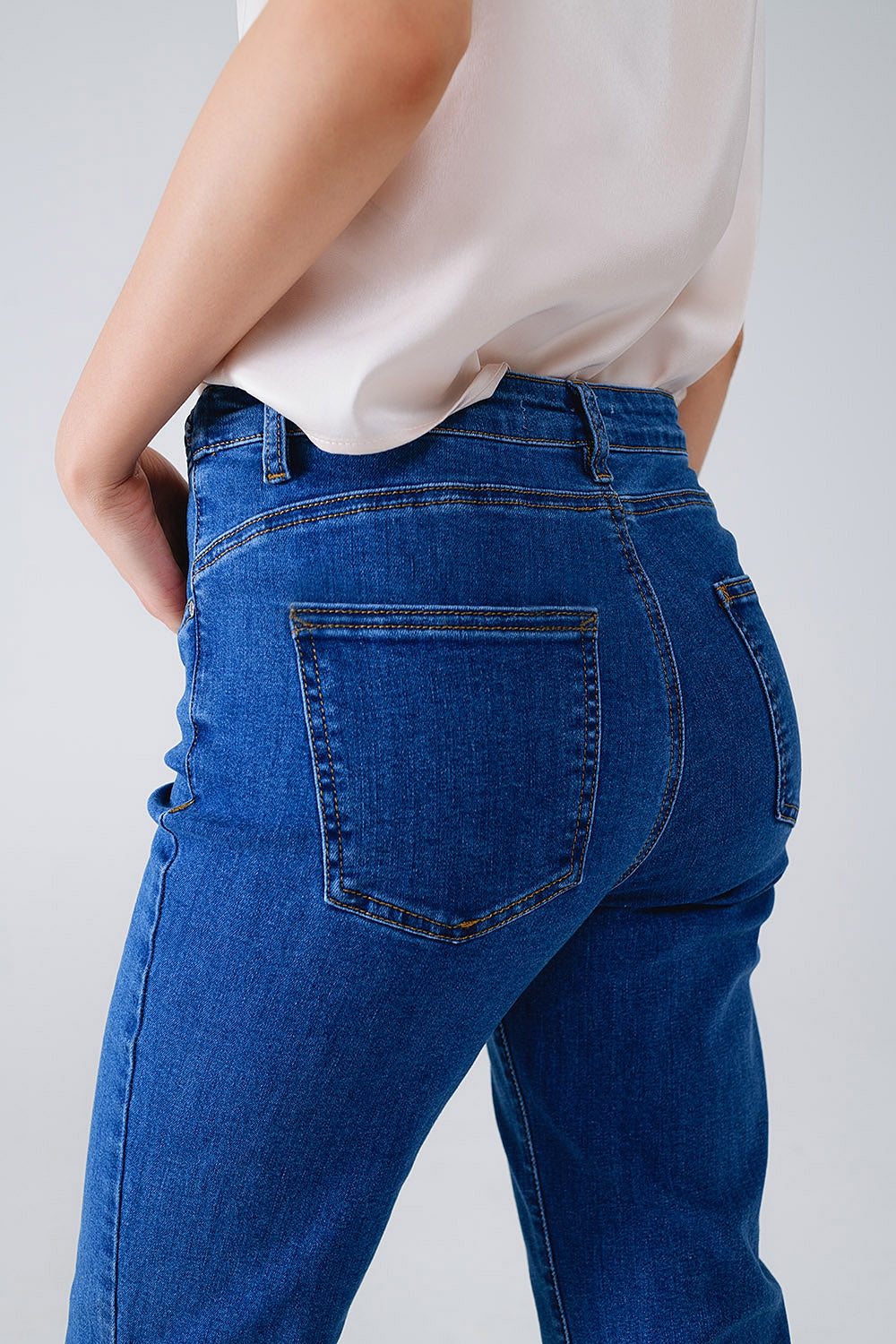 Basic Dark Blue Denim Jeans With Braid Detail At Waist - Jeans
