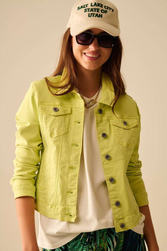 Basic Denim elastic Jacket With Pockets in lime - Jackets