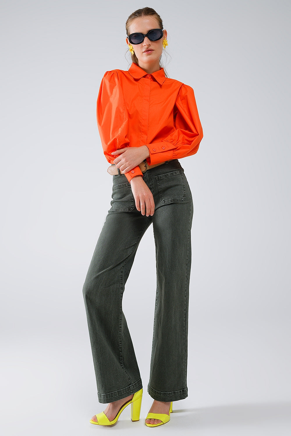 Basic poplin orange shirt with balloon long sleeves - Shirts