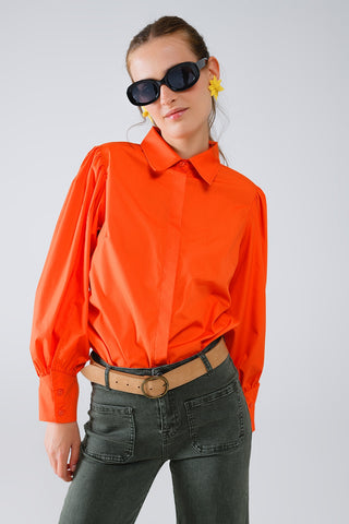 Camisa básica popeline laranja com mangas compridas balão