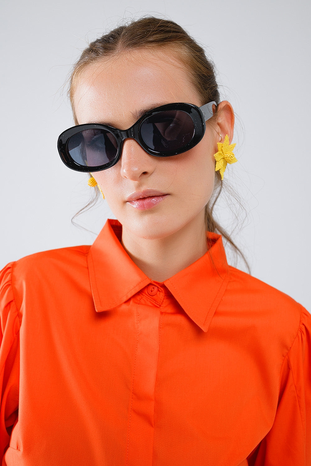 Basic poplin orange shirt with balloon long sleeves - Shirts
