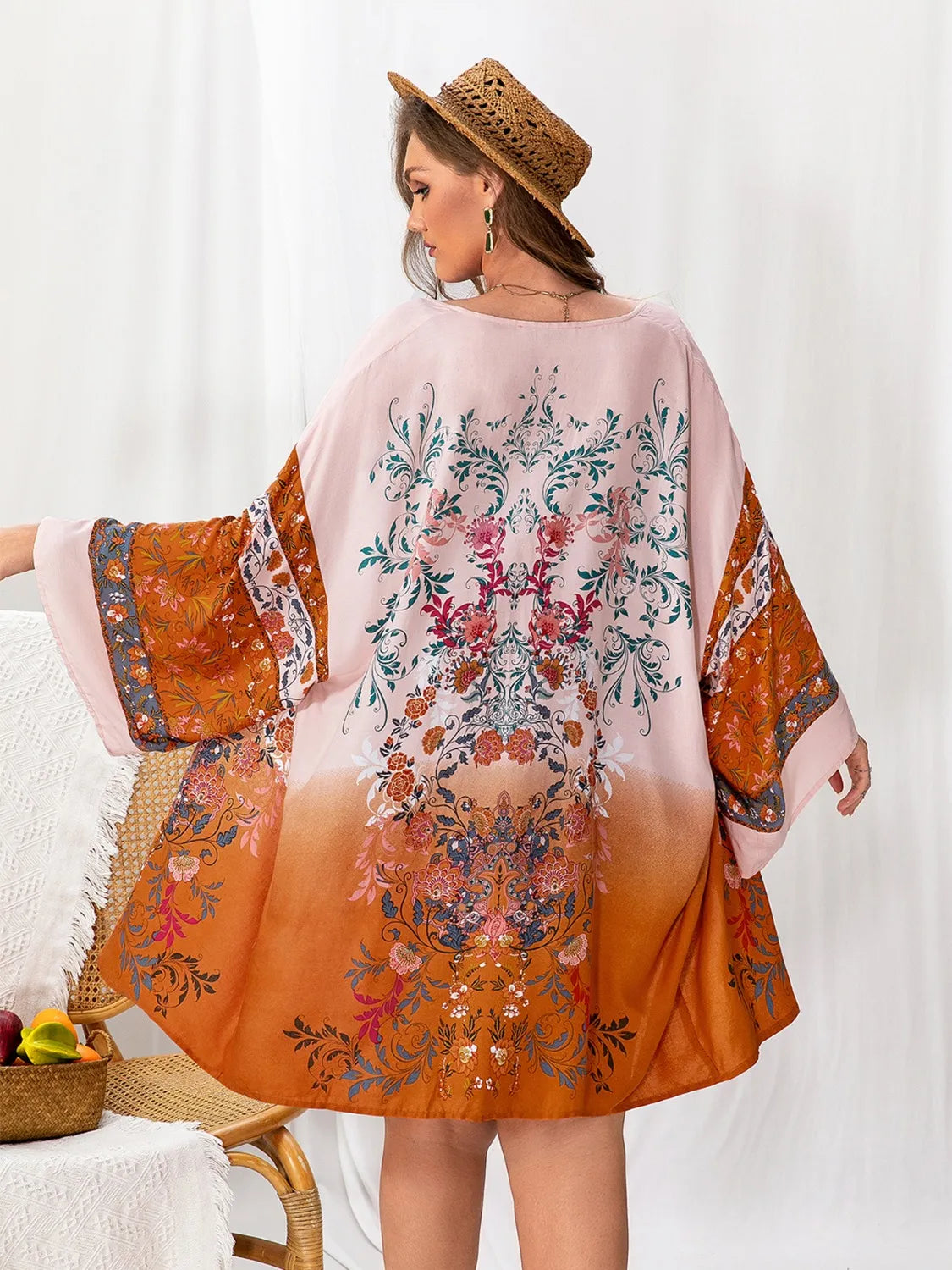 Plus Size Tied Open Front Printed Cover Up - Beach Wrap