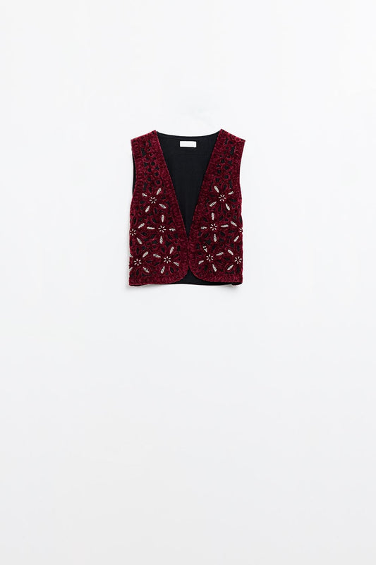 Beaded Embroidery Velvet Short Vest in burgundy - Vests