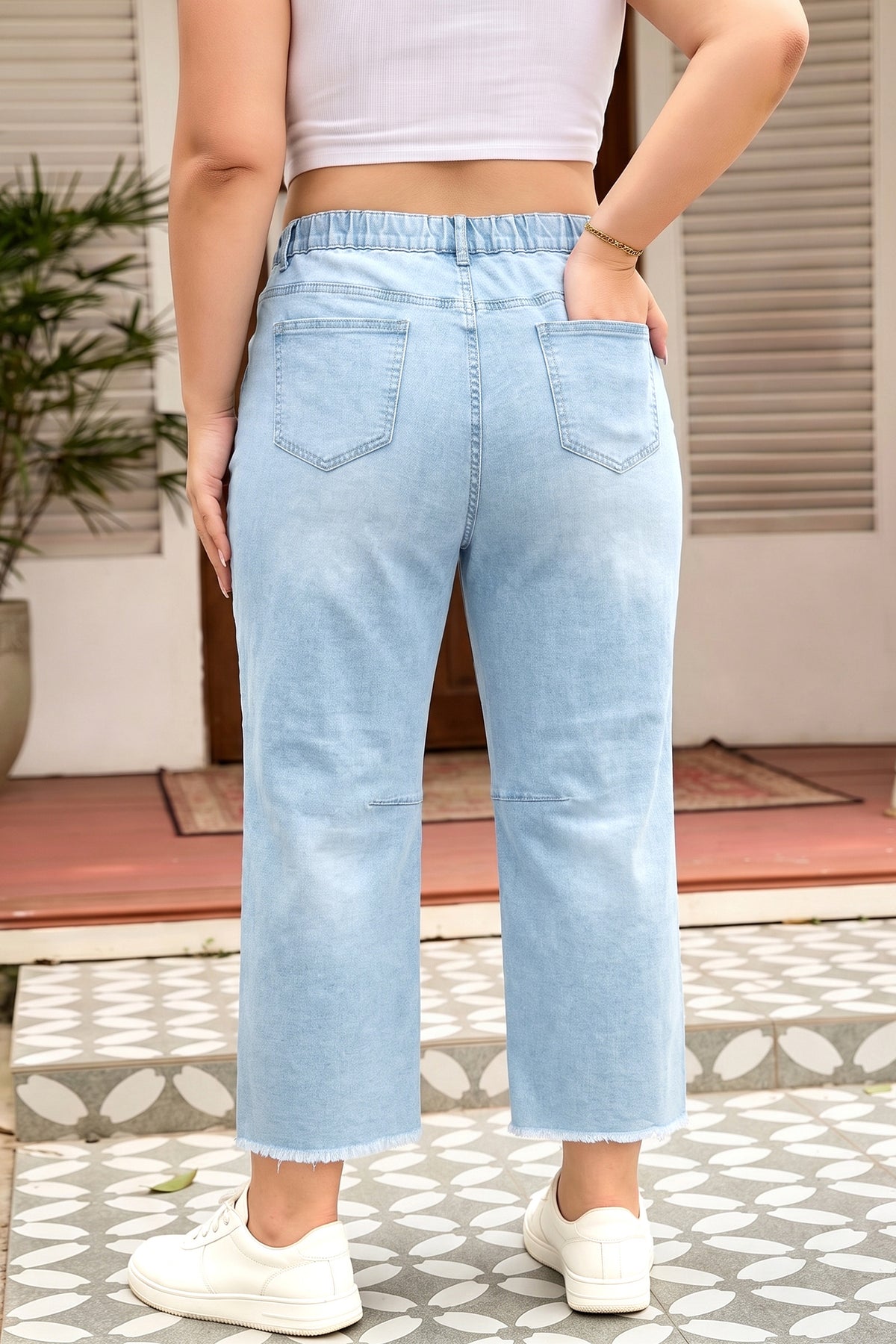 Beau Blue Plus Size Seam Detail Patch Pocket Raw Cut Shift Jeans - Plus Size/Plus Size Bottoms