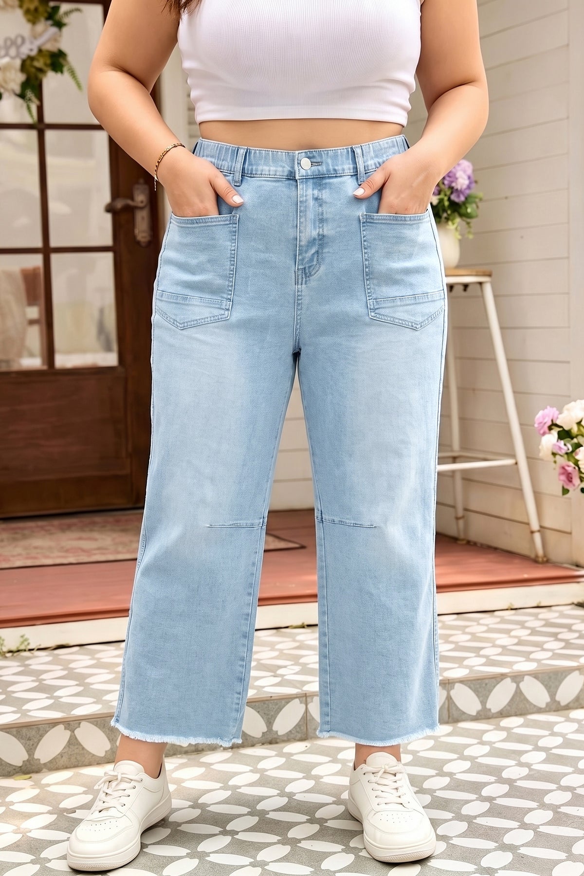 Beau Blue Plus Size Seam Detail Patch Pocket Raw Cut Shift Jeans Beau Blue 65%Cotton+33%Polyester+2%Elastane - Plus Size/Plus Size Bottoms