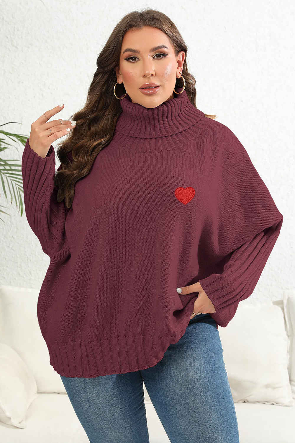 Plus Size Turtle Neck Jumper with Heart Patch Wine - Sweaters