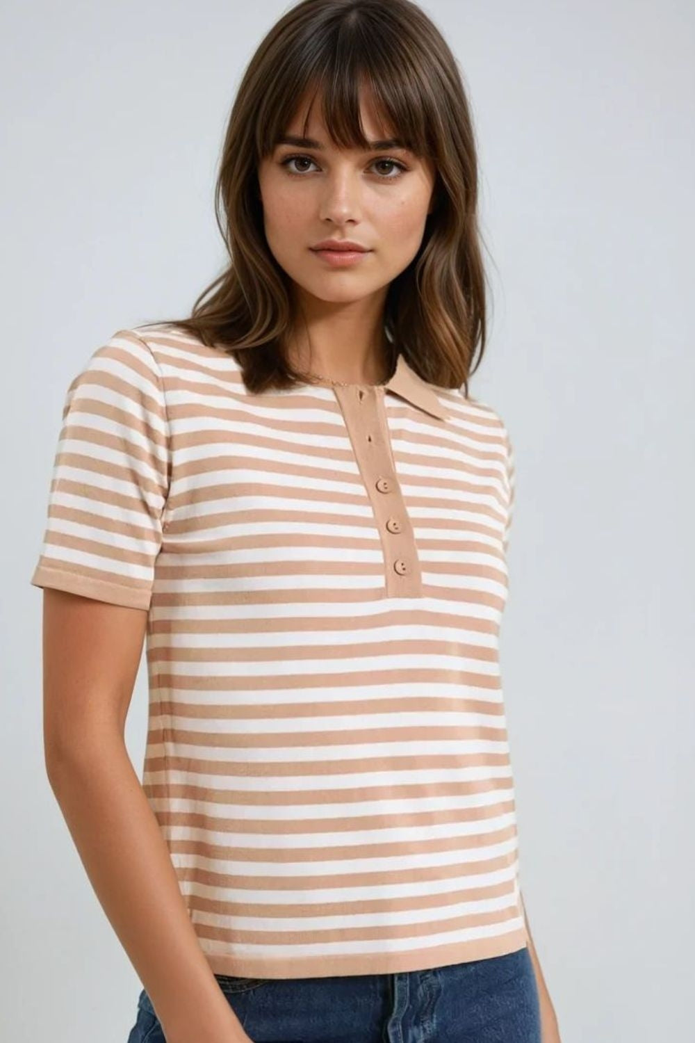beige and White Striped Knitted Polo T-shirt - Polos