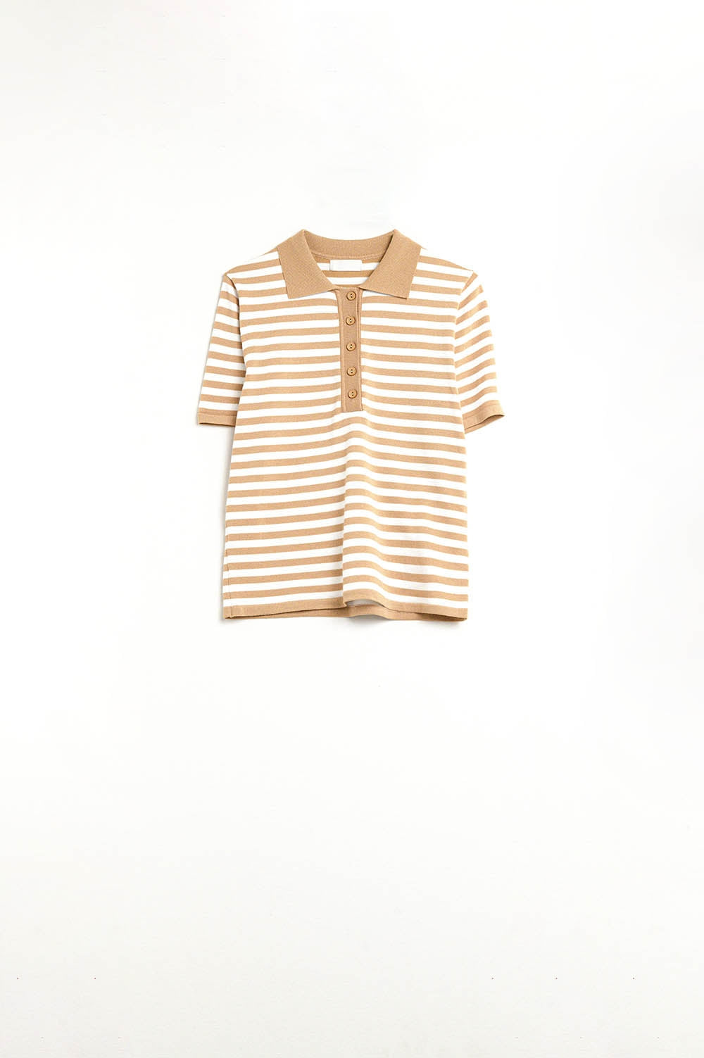 beige and White Striped Knitted Polo T-shirt - Polos