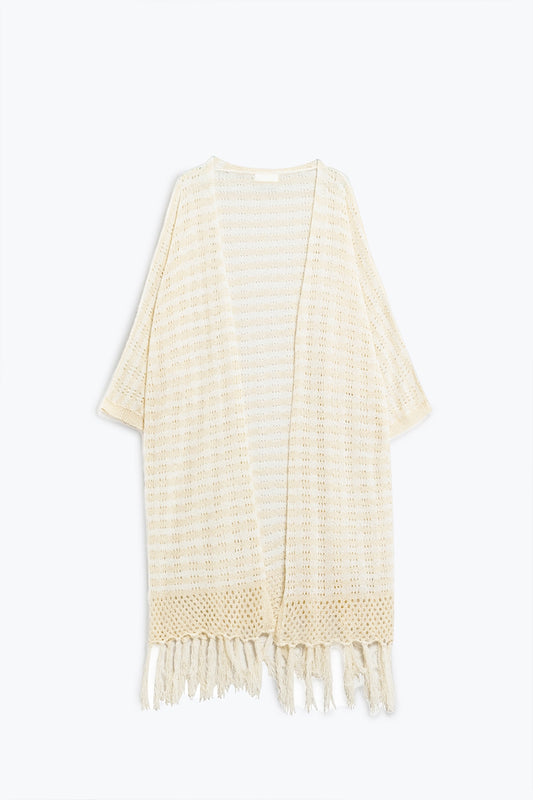 Beige Boho Style Cardigan With Stripes Pointelle Knit and Fringe Details - Cardigans
