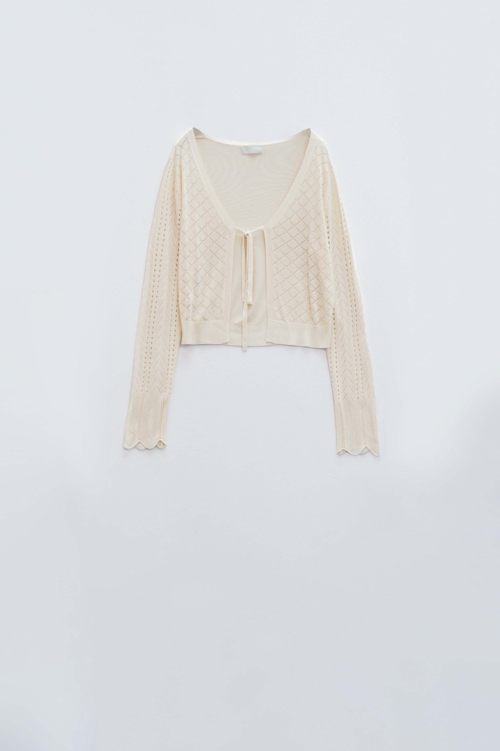 Beige Cardigan with Argyle Print and Tie Closing - Cardigans
