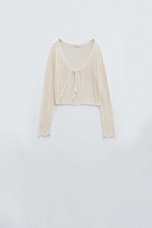 Beige Cardigan with Argyle Print and Tie Closing - Cardigans