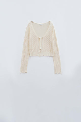 Cardigan bege com estampado argyle e fecho de gravata