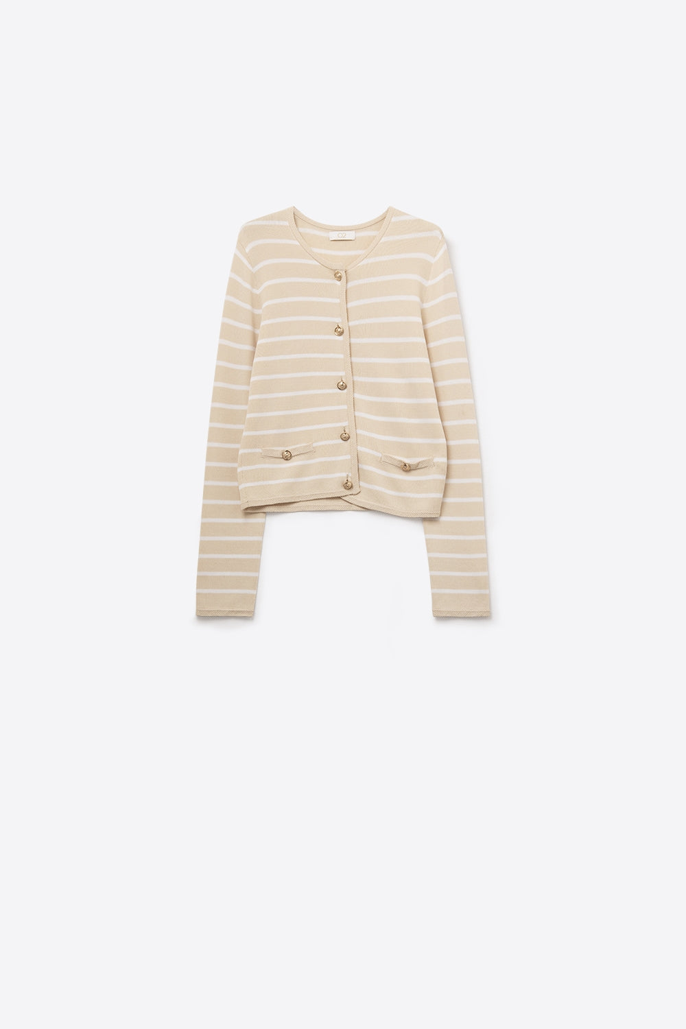 Beige Cardigan with White Stripes and Gold Buttons -