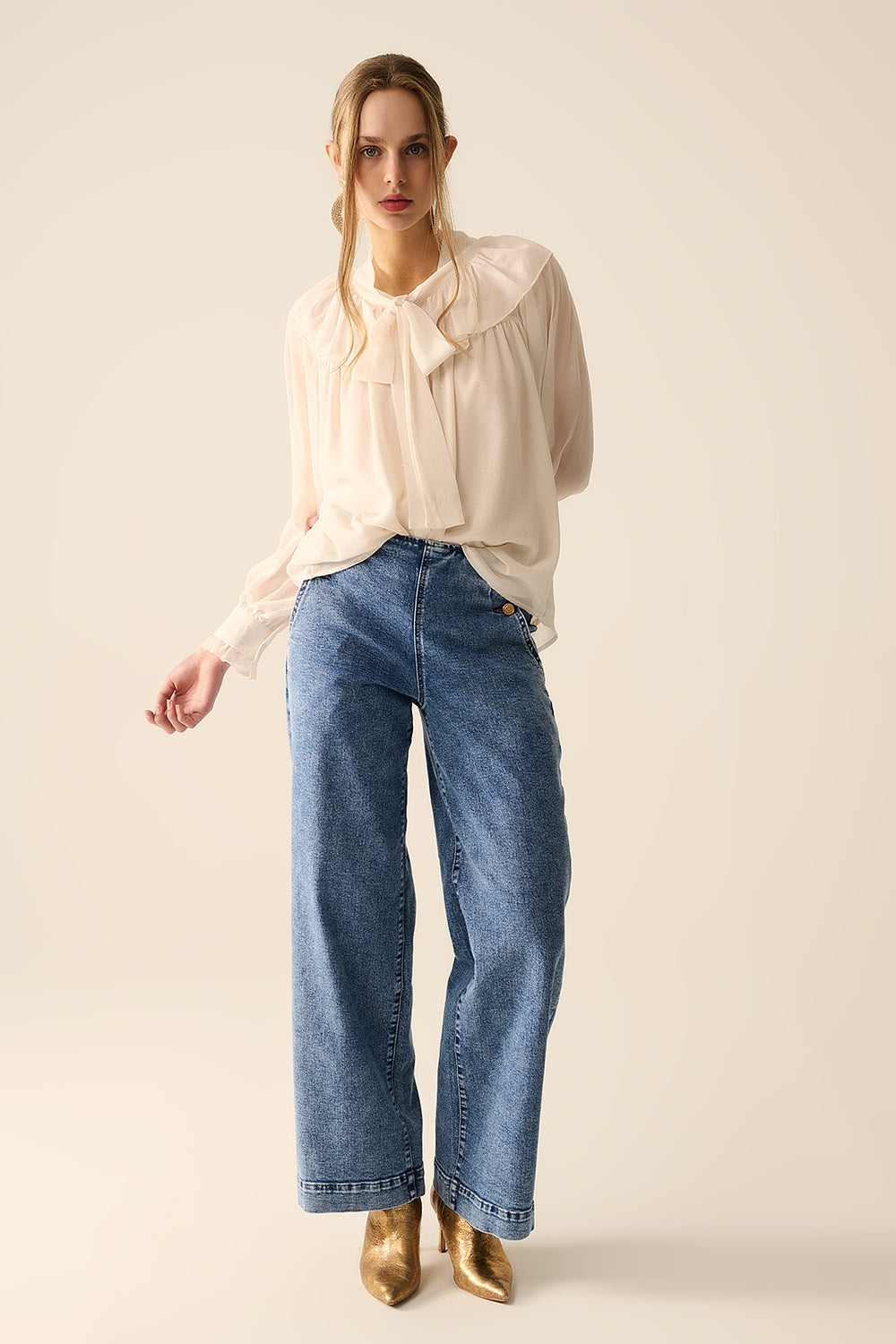 Beige chiffon shirt with bow detail - Shirts