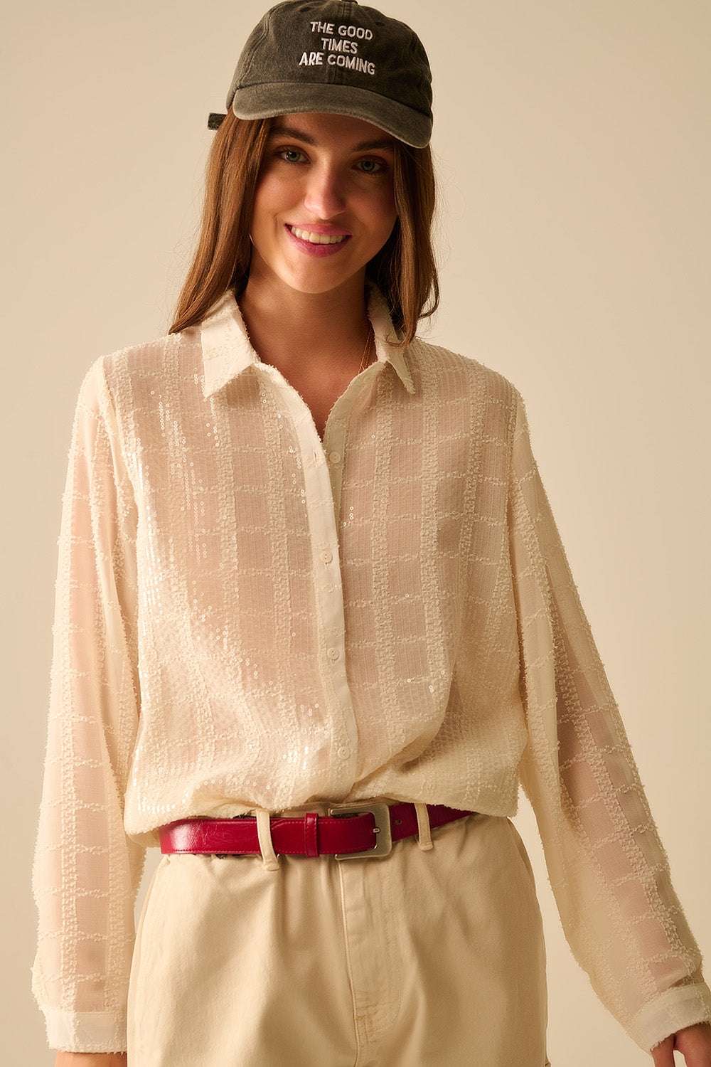 beige chiffon shirt with sequin detail - Shirts