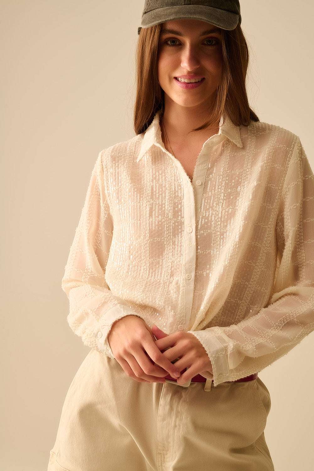 beige chiffon shirt with sequin detail - Shirts
