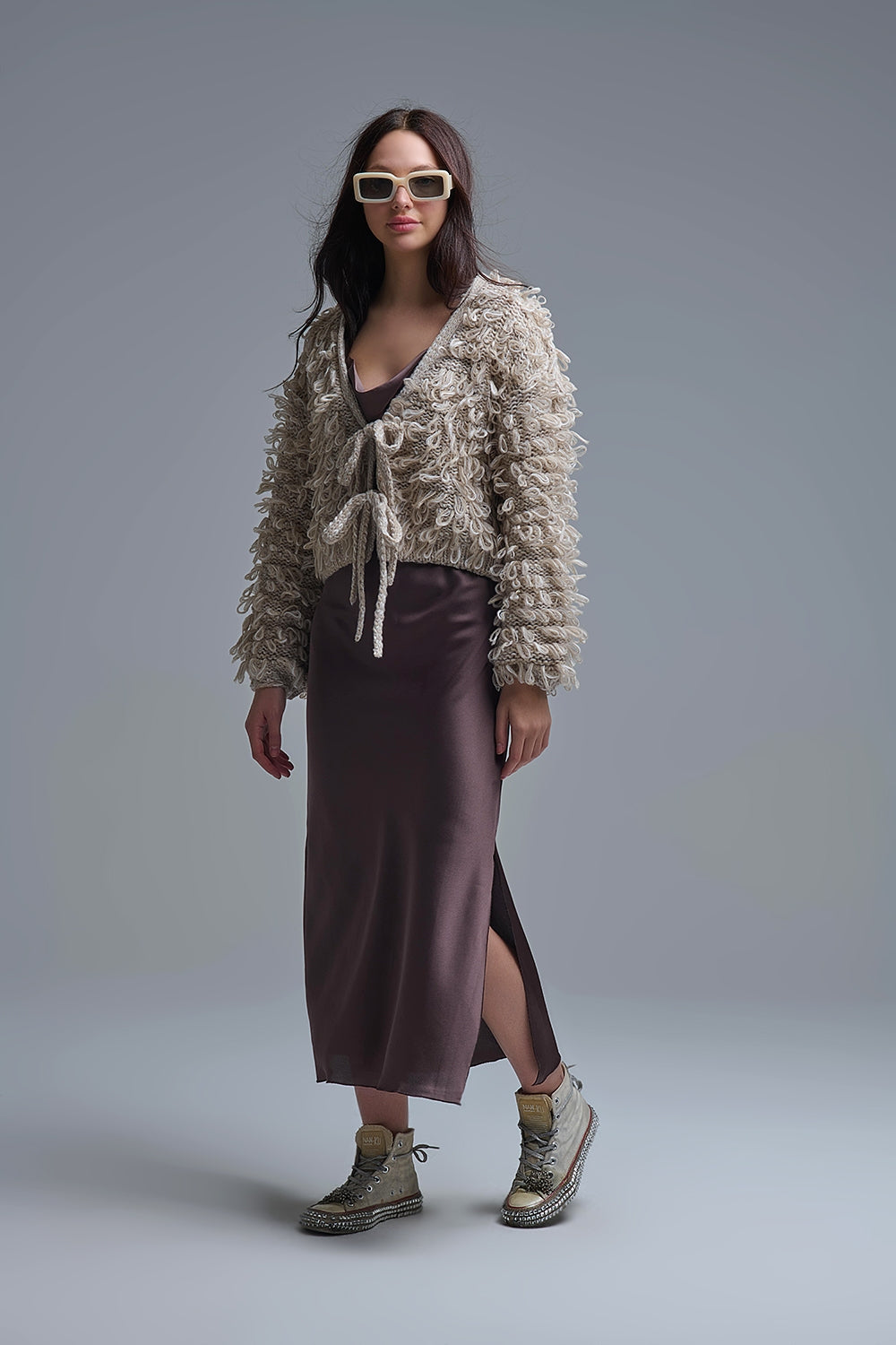 Beige Cropped chunky Knit cardigan with V-Neck and Front Tie closure - Coats and Jackets