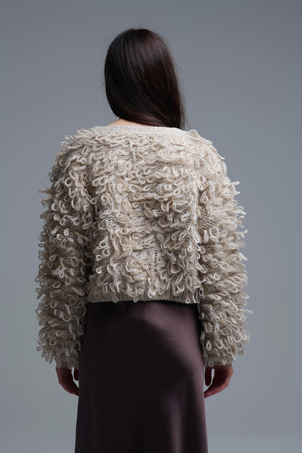 Beige Cropped chunky Knit cardigan with V-Neck and Front Tie closure - Coats and Jackets